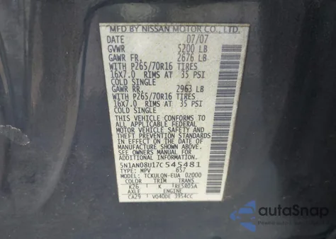 2007 Nissan Xterra X из США, поврежденный, VIN 5N1AN08U17C545481